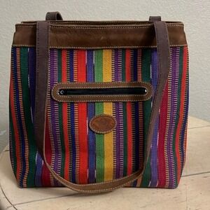 Handmade Guatemalan Rainbow Stripe Leather Tote Bag